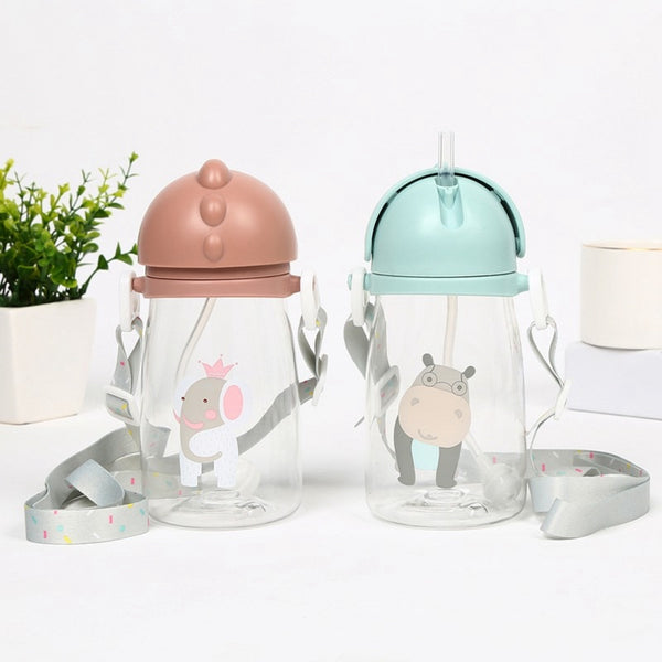 Kids Children Cartoon Animal School Drinking Water Straw Bottle Straw Sippy Baby Cup With Shoulder Strap 420ml